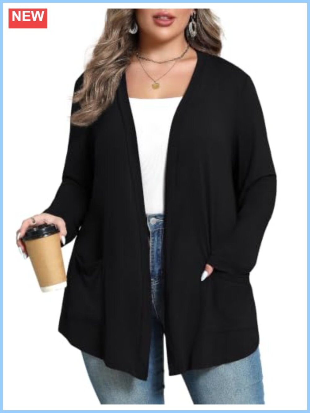 Plus Size Lightweight Cardigan Kimono Open Front Pockets